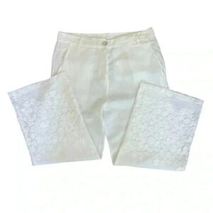 LaFabbricadeilino 100% Linen white floral derail pants size M Italy made Boho